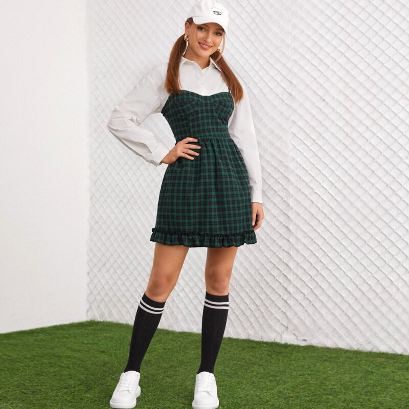 

Plaid Frill Trim Cami Dress Without Blouse, Dark green