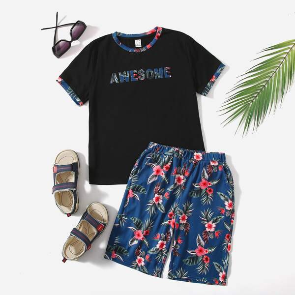 

Boys Letter Graphic Tee & Floral Print Shorts, Multicolor