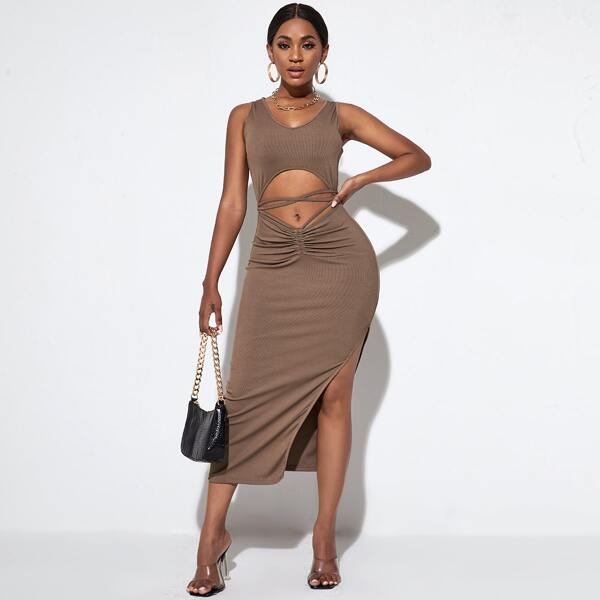

Crisscross Cut-out Split Thigh Dress, Mocha brown