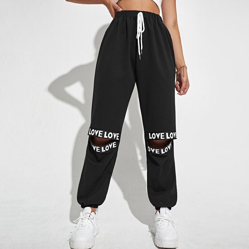 

Letter Graphic Knee Ripped Sweatpants, Black