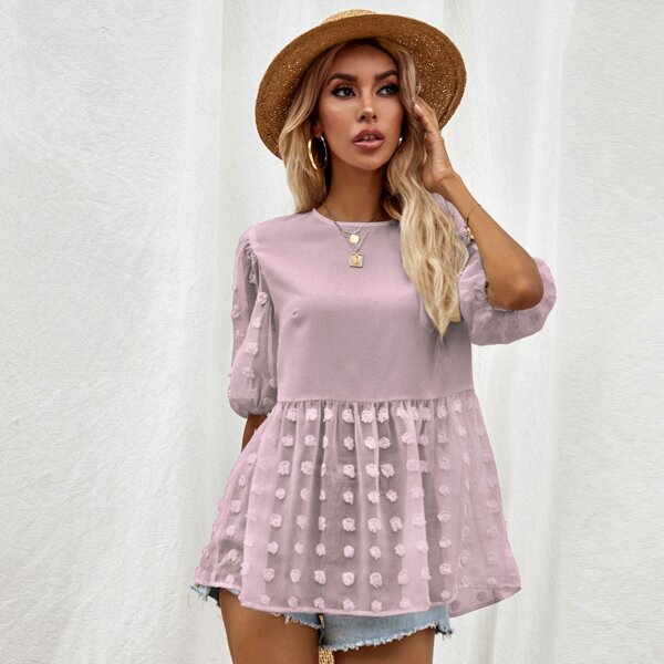 

Contrast Swiss Dot Smock Blouse, Pink