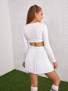 SHEIN Unity Baseball And Slogan Graphic Cut Out Front Top & Pleated Skirt - White - View 2