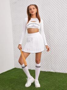 SHEIN Unity Baseball And Slogan Graphic Cut Out Front Top & Pleated Skirt - White - View 5
