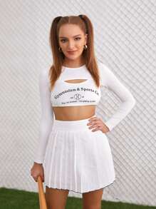 SHEIN Unity Baseball And Slogan Graphic Cut Out Front Top & Pleated Skirt - White - View 6