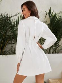 SHEIN Privé 燈籠袖繫帶喇叭下擺襯衫洋裝 - 白色 - 查看 2