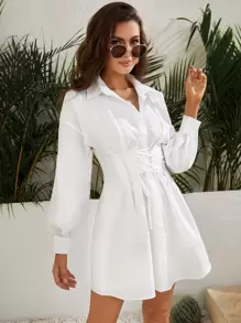 SHEIN Privé 燈籠袖繫帶喇叭下擺襯衫洋裝 - 白色 - 查看 3