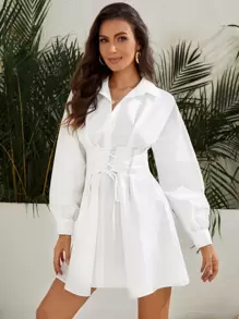 SHEIN Privé 燈籠袖繫帶喇叭下擺襯衫洋裝 - 白色 - 查看 4