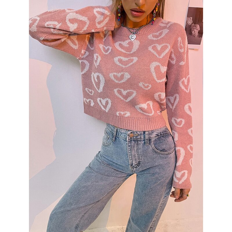 

Heart Pattern Drop Shoulder Sweater, Dusty pink