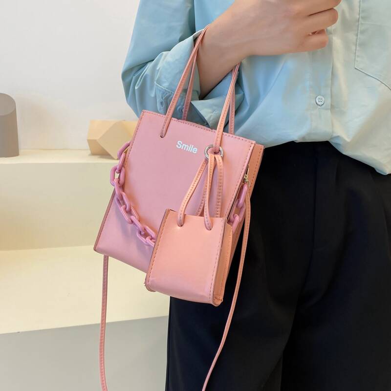 

2pcs Chain Decor Bag Set, Pink