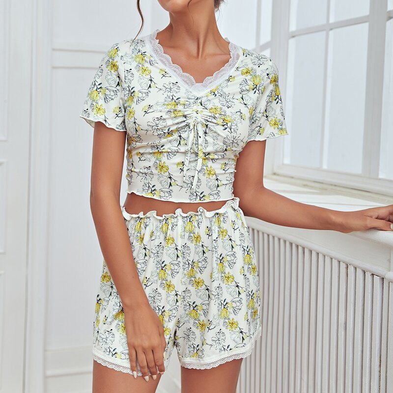 

Floral Print Drawstring Contrast Lace PJ Set, Multicolor