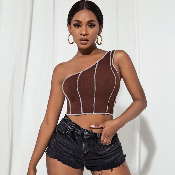 

One Shoulder Top-stitching Crop Top, Brown