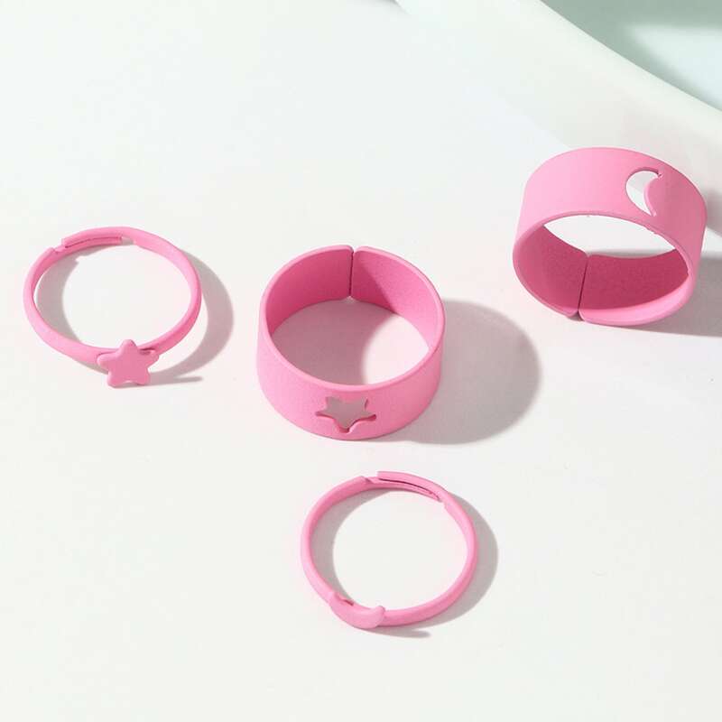 

4pcs Moon & Star Design Ring, Pink