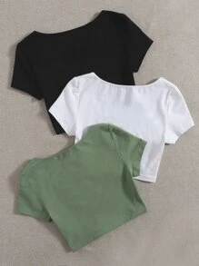 SHEIN EZwear 3pcs Women's Solid Color Square Neck Short Sleeve Casual T-Shirts
