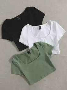 SHEIN EZwear 3pcs Women's Solid Color Square Neck Short Sleeve Casual T-Shirts