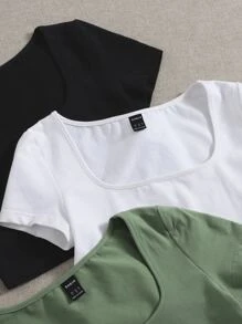 SHEIN EZwear 3pcs Women's Solid Color Square Neck Short Sleeve Casual T-Shirts