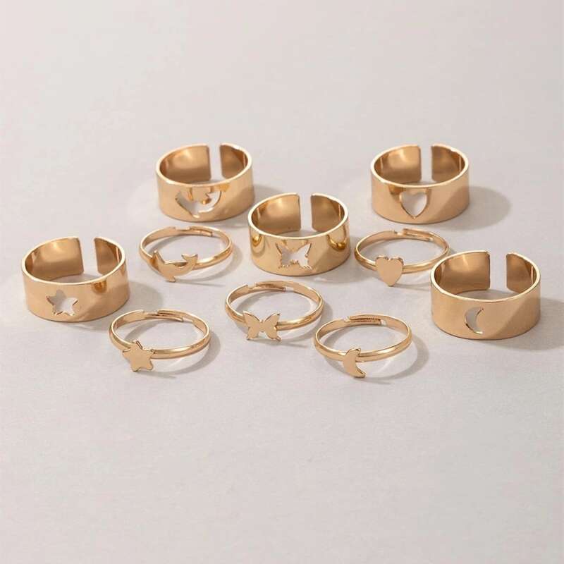 

10pcs Heart & Star Cuff Ring, Gold
