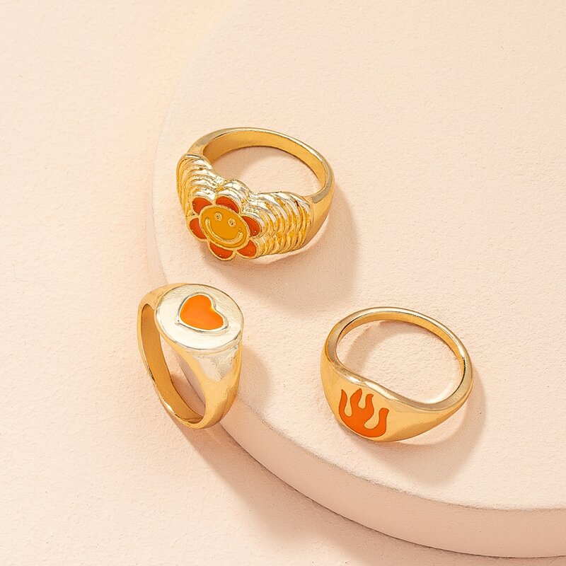 

3pcs Heart & Flame Ring, Gold