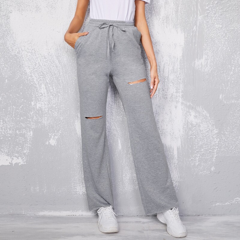 

Solid Ripped Drawstring Waist Sweatpants, Grey