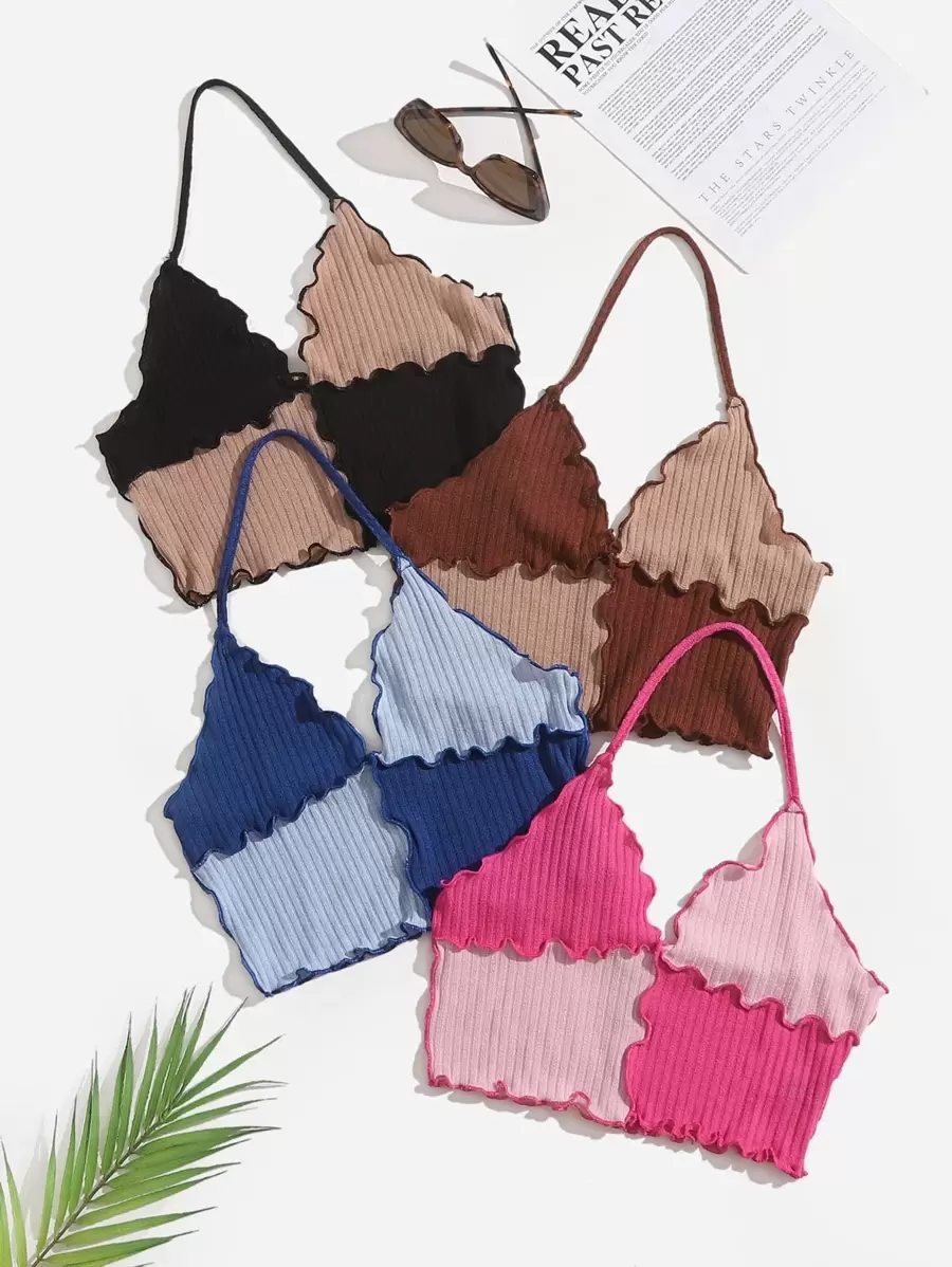 SHEIN EZwear Áo hai dây Xù nhỏ Tương phản ràng buộc Khối Màu Giải trí - Nhiều màu - Xem 1