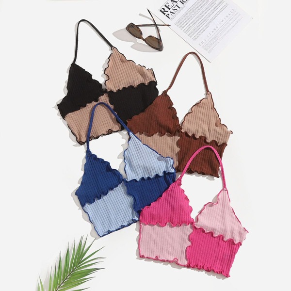 

4pcs Lettuce Trim Colorblock Halter Top, Multicolor
