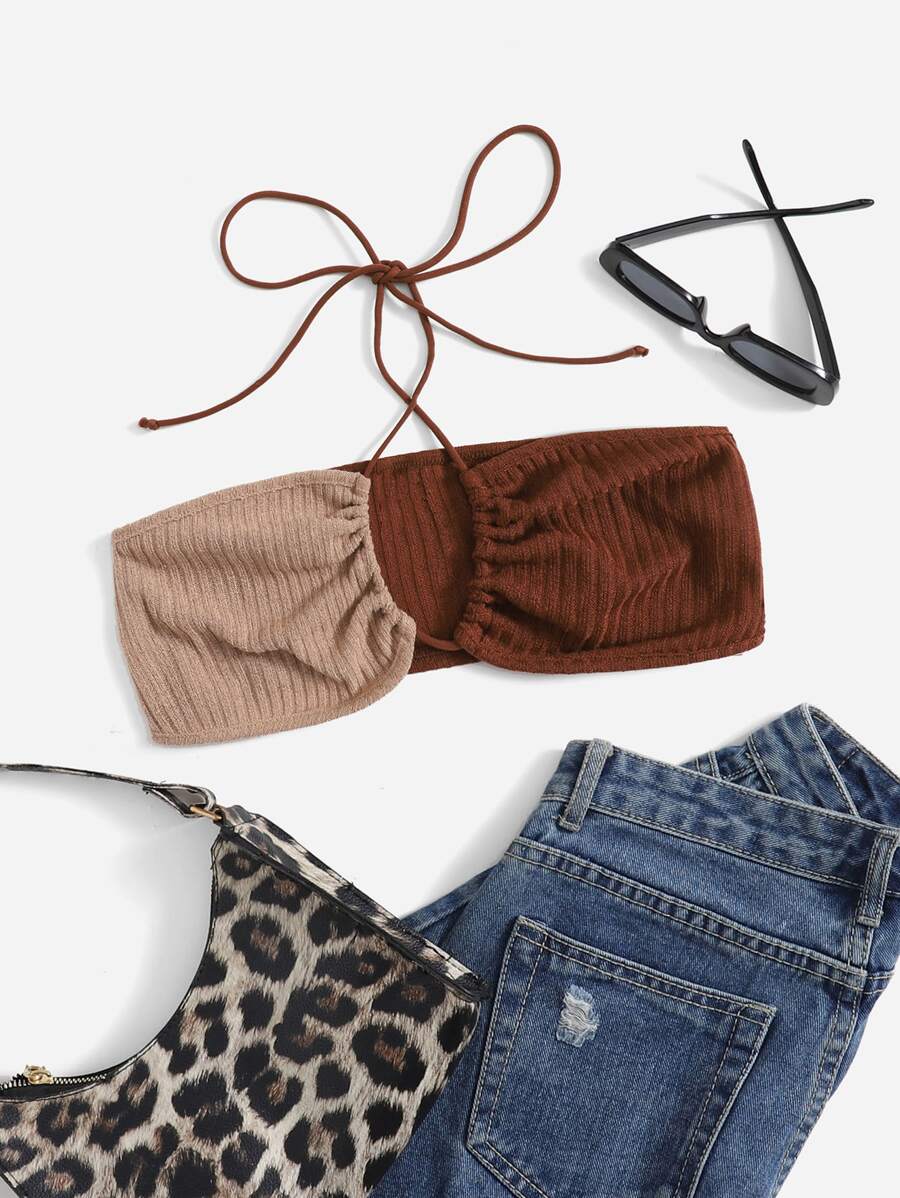 SHEIN ICON Crisscross Ruched Bust Colorblock Halter Top - Brown - View 1