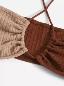 SHEIN ICON Crisscross Ruched Bust Colorblock Halter Top - Brown - View 4