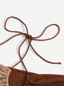 SHEIN ICON Crisscross Ruched Bust Colorblock Halter Top - Brown - View 5