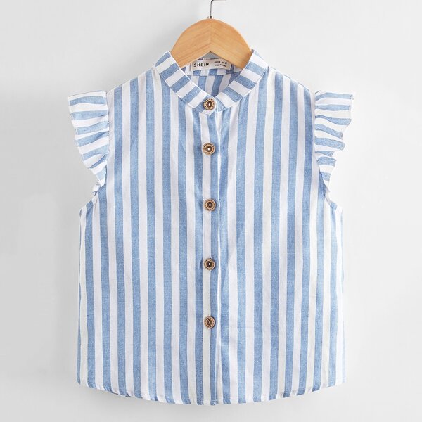 

Girls Mock Neck Ruffle Trim Striped Blouse, Blue and white
