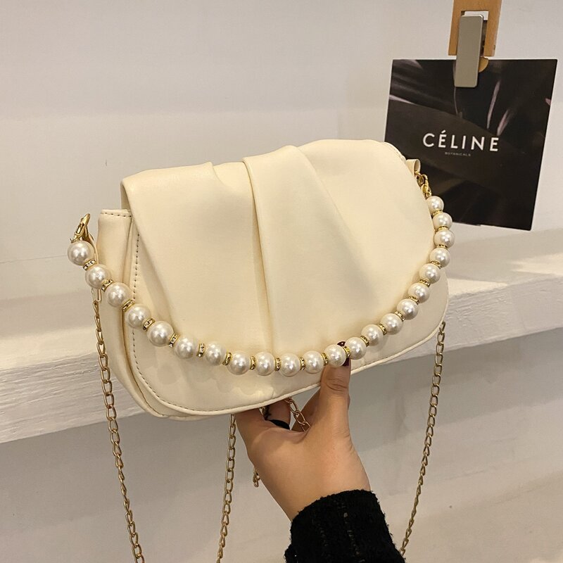 

Faux Pearl Decor Ruched Satchel Bag, Beige