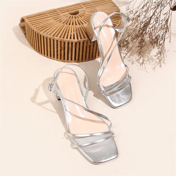 

Metallic Chunky Heeled Strappy Sandals, Silver