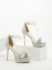 Glitter Decor Stiletto Heeled Gladiator Sandals - Silver - View 2