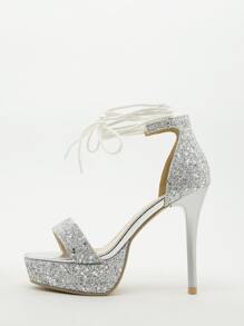 Glitter Decor Stiletto Heeled Gladiator Sandals - Silver - View 4