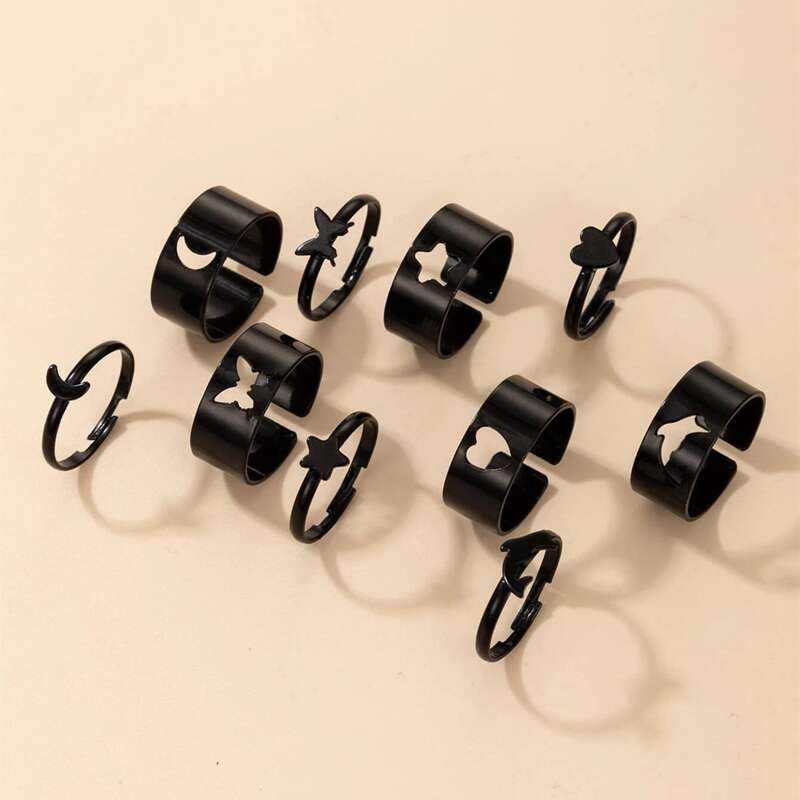 

10pcs Heart & Star Cuff Ring, Black
