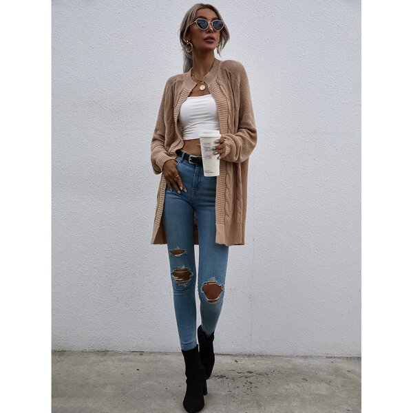 

Cable Knit Open Front Cardigan, Khaki