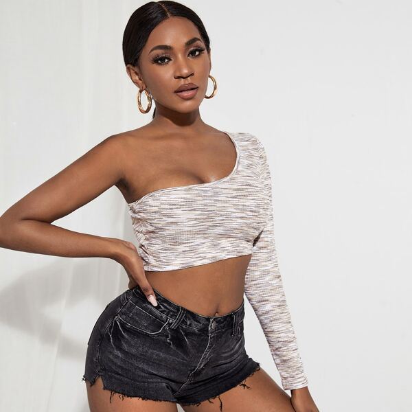 

One Shoulder Space Dye Crop Top, Brown