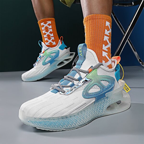 

Men Lace Up Decor Knit Chunky Sneakers, White