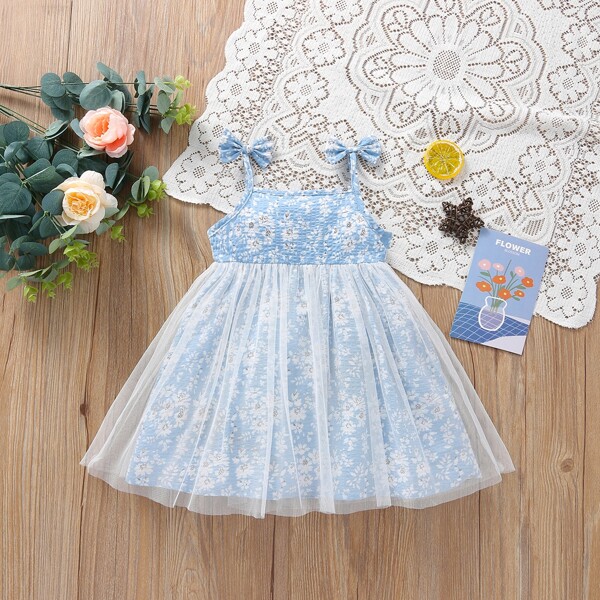 

Baby Girl Bow Shoulder Mesh Overlay Floral Dress, Baby blue
