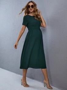 SHEIN 孕婦素色抽褶腰後鎖孔連衣裙 - 墨綠色 - 查看 3
