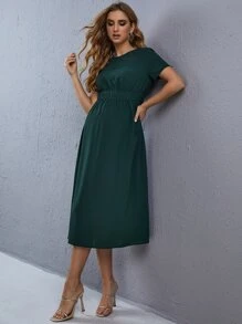 SHEIN 孕婦素色抽褶腰後鎖孔連衣裙 - 墨綠色 - 查看 4