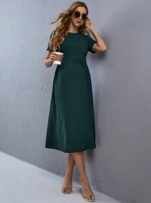 SHEIN 孕婦素色抽褶腰後鎖孔連衣裙 - 墨綠色 - 查看 5