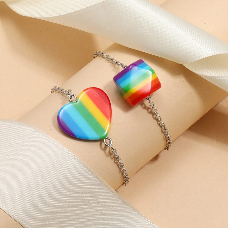 

2pcs Rainbow Stripe Chain Bracelet, Multicolor