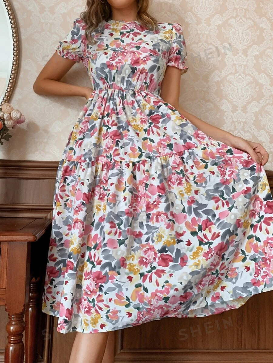 Breezaya Vestido con estampado floral, mangas con volantes y falda larga acampanada para mujer - Multicolor - Ver 1