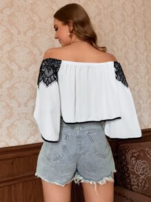 Eyelash Lace Trim Off Shoulder Top - White - View 2