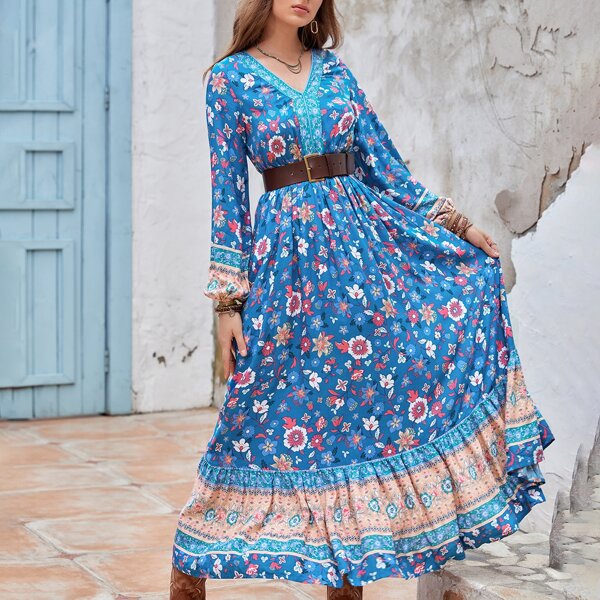 

Floral Print Bishop Sleeve Dress Without Belt, Multicolor