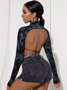 SHEIN SXY Chinese Dragon Print Backless High Neck Crop Tee - Black - View 2