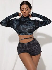 SHEIN SXY Chinese Dragon Print Backless High Neck Crop Tee - Black - View 3