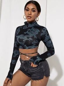 SHEIN SXY Chinese Dragon Print Backless High Neck Crop Tee - Black - View 4