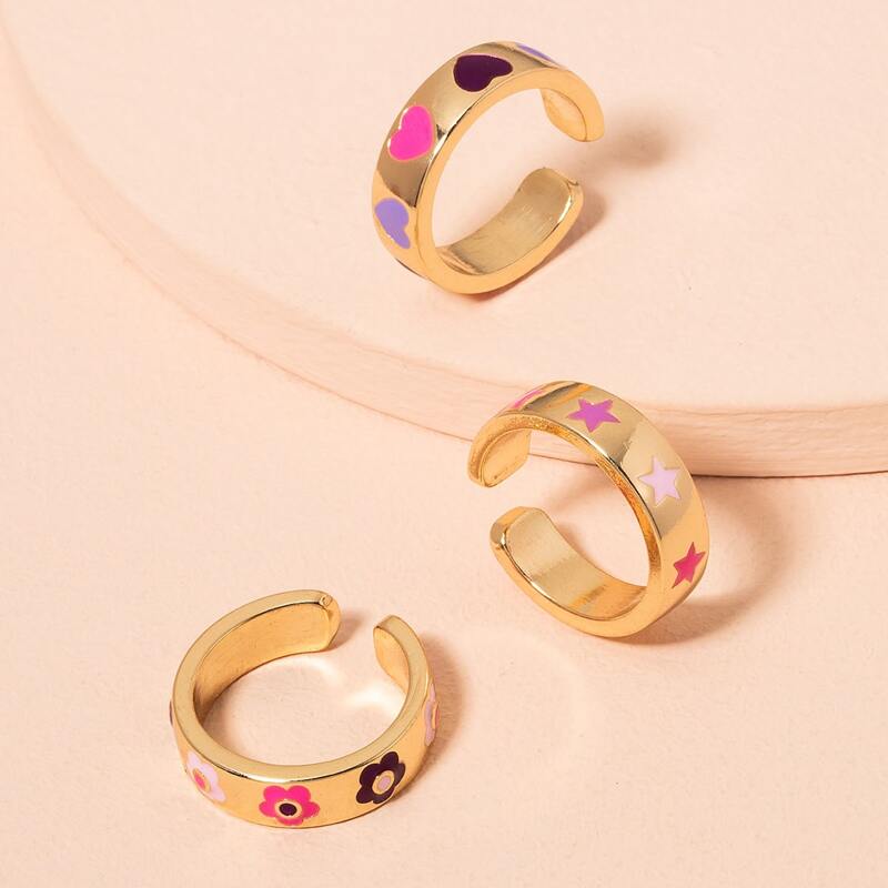 

3pcs Floral Cuff Ring, Gold