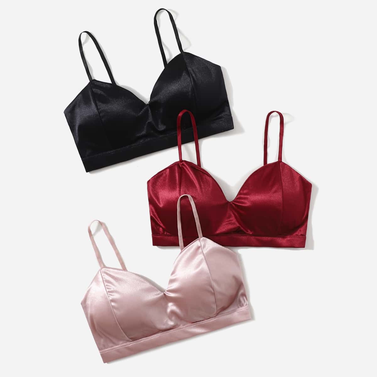 

3pack Solid Satin Wireless Bra Set, Multicolor