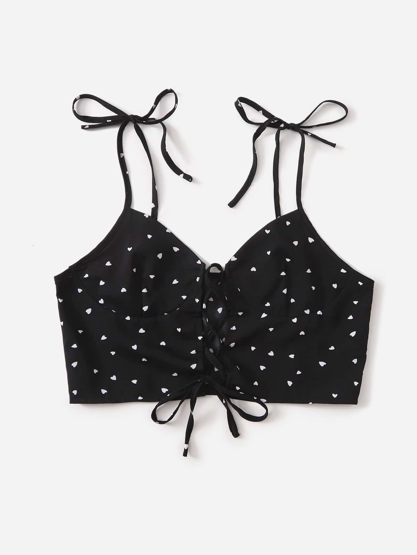 休閒打結 繫帶心 全身印花女士背心 - 黑色 - 查看 1